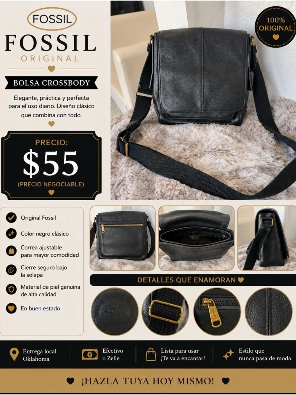 Fossil Black Leather Crossbody Messenger Bag with Adjustable Strap